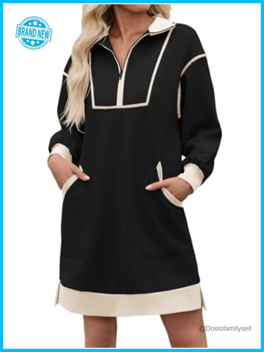 Half Zip Sweatshirt Dress V Neck Contrast Mini Long Sleeve